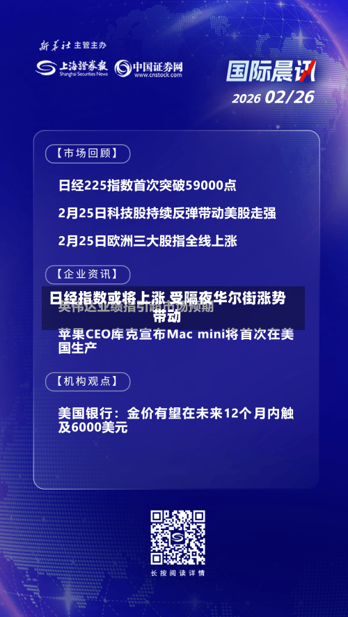 日经指数或将上涨 受隔夜华尔街涨势带动