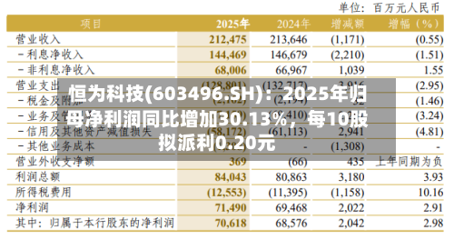 恒为科技(603496.SH)：2025年归母净利润同比增加30.13%，每10股拟派利0.20元